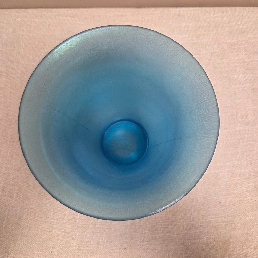 Vintage Blue Iridescent Satin Glass Vase Flared Rim